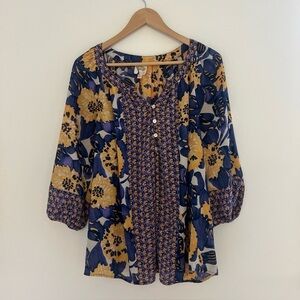Fig & Flower Womens Plus Size2X Purple Yellow Floral Top 3/4 Puff Sleeve Boho